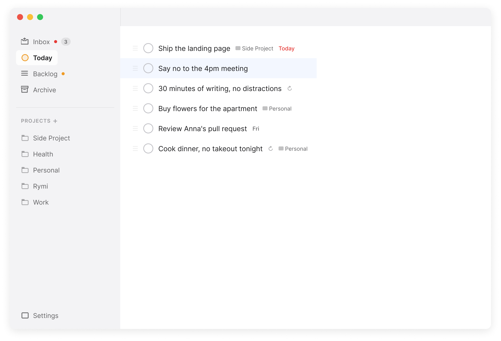 Rymi app showing the Today view with six tasks, a sidebar listing Inbox, Today, Backlog, Archive, and five projects