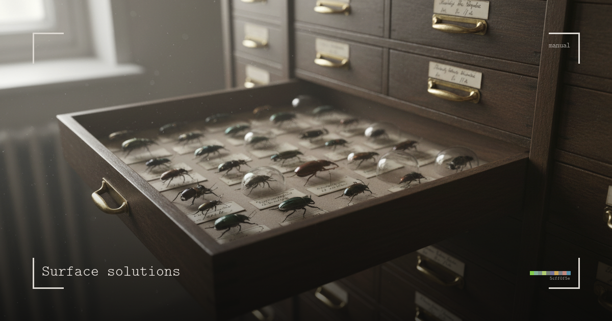 An open wooden specimen drawer in an apothecary-style cabinet, holding a grid of pinned insects under glass
