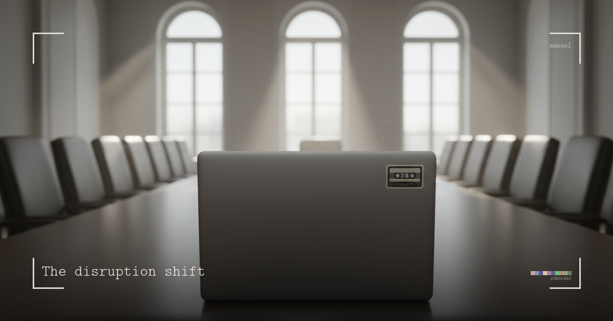 A long empty boardroom seen from behind the head chair, a single open laptop in the foreground with its lid facing the camera and a small cassette tape sticker in one corner, rows of empty chairs flanking the table, morning light through tall arched windows at the far wall