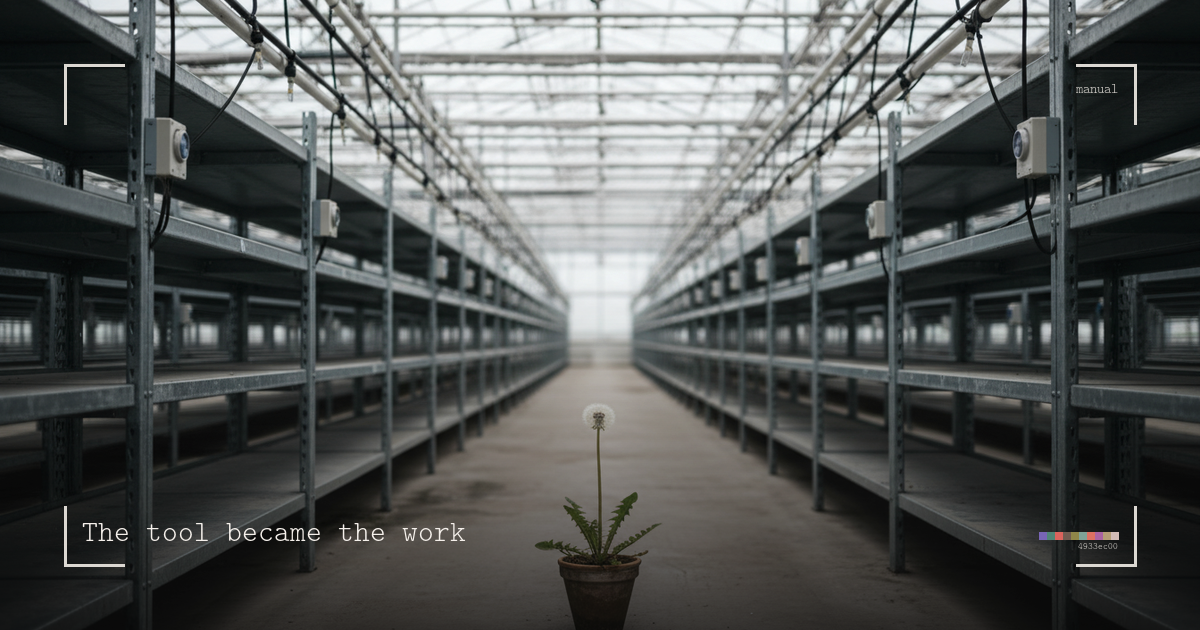 A single potted dandelion on the floor of a vast industrial greenhouse, surrounded by rows of empty metal shelving
